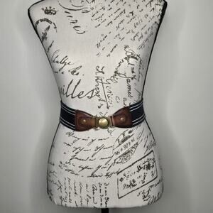 ABERCROMBIE & FITCH Leather/Gold Navy & White Striped Elastic Belt Size XS/S